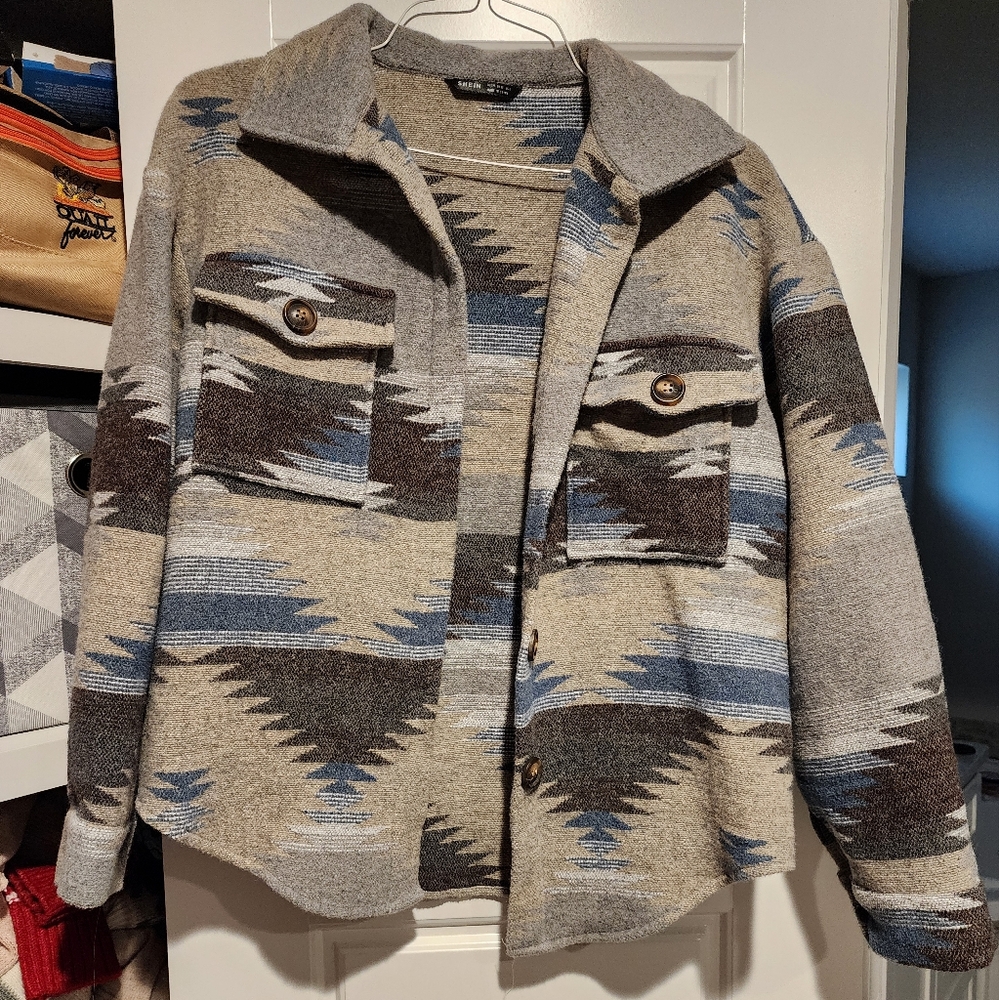 Tribal Patterned Jacket in Gray and Blue